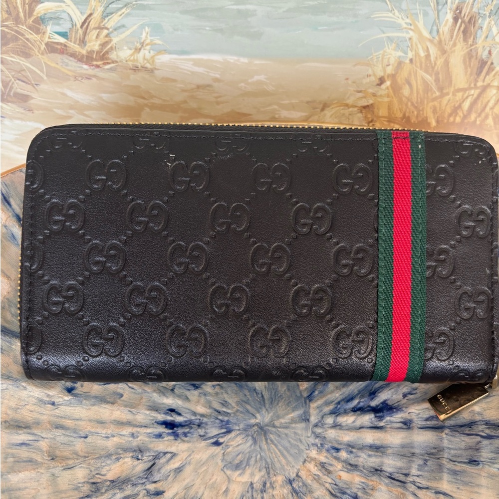 The Gucci Guccissima Web Zip Around Wallet in Black